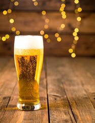 Light-filled beer glass on rustic wood