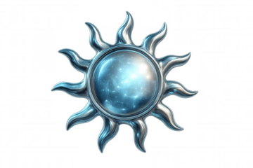 Metallic sun with transparent background, shining and showing a galaxy inside, ideal for space and energy concepts