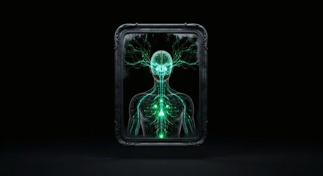 Futuristic holographic display of a glowing human nervous system with intricate neural pathways and a central energy core, presented within a metallic frame ...