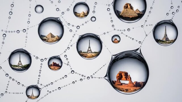 World monuments trapped in water droplets