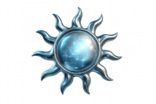 Metallic sun with transparent background, shining and showing a galaxy inside, ideal for space and energy concepts