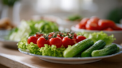 diet menu featuring blurred white text bars displaying calorie counts complemented by light salads made with