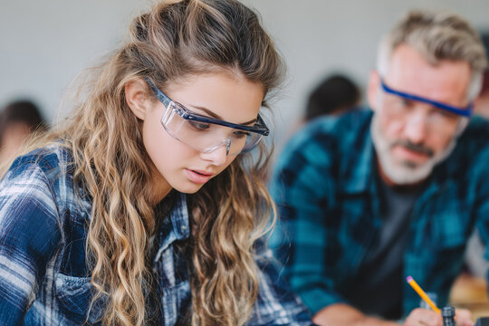 Student in safety glasses learning science with mentor - Powered by Adobe