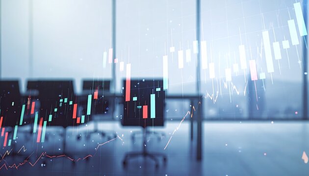 Abstract financial data overlaying a modern office space - Powered by Adobe