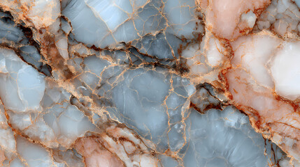 Luxurious blue and rose gold marble texture background with intricate natural stone veins, showcasing a polished abstract pattern perfect for elegant surface designs or decorative backdrops