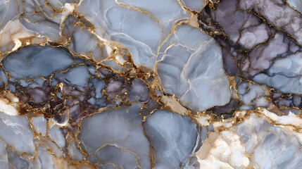 Obraz premium Luxurious abstract fluid art background with swirling blue, grey, and purple tones, highlighted by elegant golden veins, creating a stunning marble-like texture