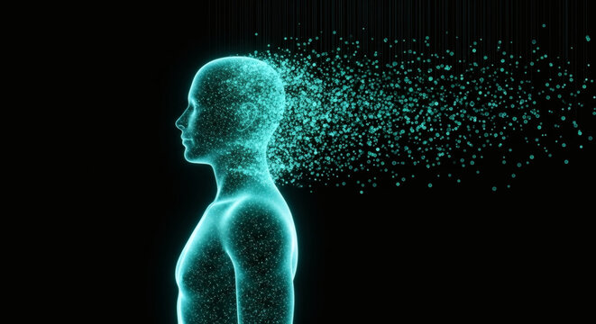 A glowing human silhouette dissolving into a cloud of digital particles against a dark background, symbolizing data, consciousness, or transformation.
