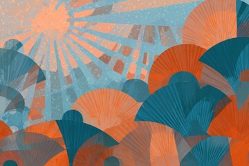 Abstract landscape with sunbeams and layered fans