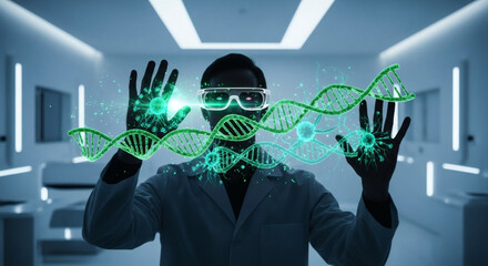 Scientist in futuristic lab interacts with glowing DNA strands using augmented reality goggles and hand gestures.