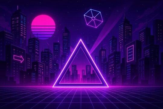 Synthwave neon cityscape with retro geometric shapes and cyberpunk aesthetic design