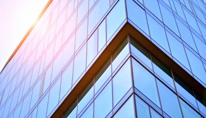 Obraz premium Architectural detail of a modern glass office building with a sun flare, representing corporate growth and success