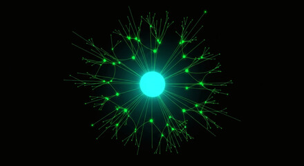 A glowing cyan orb at the center of a complex, branching network of green luminous nodes and connecting lines against a dark background, suggesting a digital...