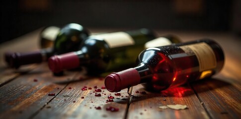 Empty wine bottles scattered on a hardwood floor, signifying the aftermath of excessive drinking and potential alcoholism , floor, house, shattered glass