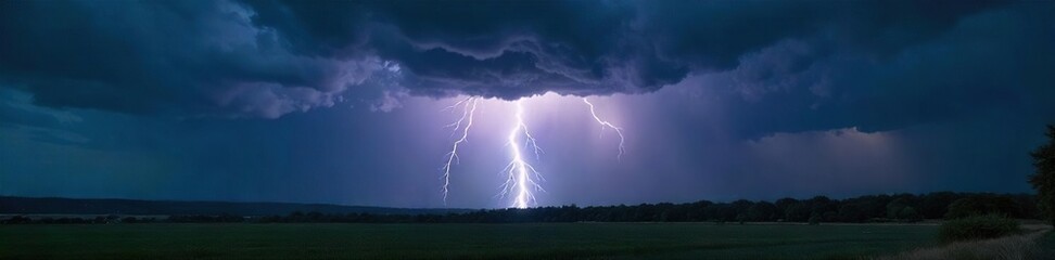 Dark, ominous storm clouds gather overhead, heavy rain falling, intense lightning illuminating the landscape A dramatic scene of powerful nature , rain, lightning