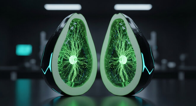 Two futuristic, glowing, bio-luminescent avocado halves revealing intricate, electric green neural network-like structures within, set against a dark, laboratory-like background.
