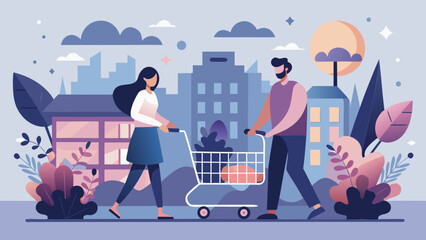 Couple pushing shopping cart in a stylized city scene