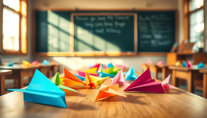 Colorful Paper Planes in Classroom