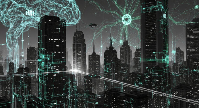 Futuristic cityscape with glowing neural network connections and a stylized brain overhead, symbolizing advanced technology and artificial intelligence integration.