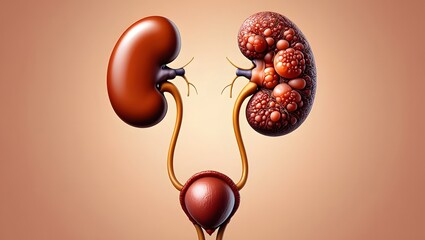 Cystic Kidney Disease or CKD as a comparison between a healthy kidney and one affected by polycystic illness with cysts as abnormalities in the urinary system anatomy. 