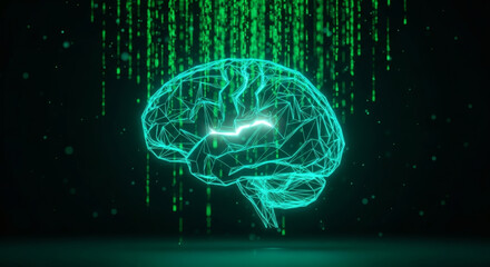A glowing digital brain rendered in neon green, illuminated by a cascade of binary code falling from above, symbolizing artificial intelligence and data processing.