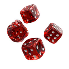 Red dice flying isolated on black background