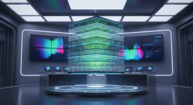Futuristic data visualization cube glowing with vibrant colors in a modern control room with multiple screens displaying charts and graphs.