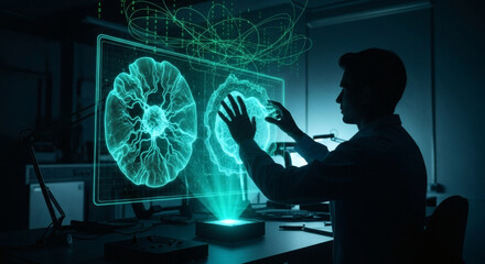 A man interacts with a glowing holographic display showing detailed brain scans and intricate scientific data in a modern, dimly lit laboratory setting.