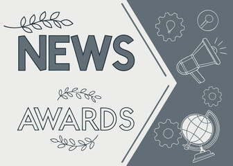 News awards announcement with global and communication icons