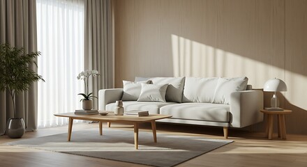 Elegant and serene living room bathed in morning sunlight, showcasing a minimalist Japandi style with a comfortable sofa and warm, neutral decor