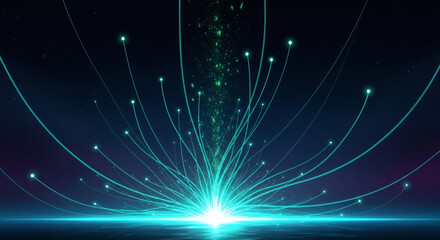 Fototapeta premium A radiant burst of glowing teal particles emanates from a bright central light, spreading outwards like a digital bloom against a dark, cosmic background.