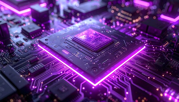 purple neon lights shine brightly on a computer motherboard - Powered by Adobe