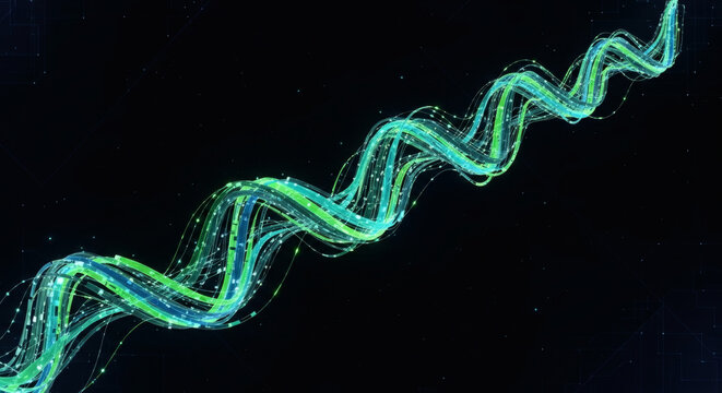 A luminous, swirling double helix structure composed of vibrant green and blue light trails against a dark, star-speckled background, suggesting a scientific... - Powered by Adobe