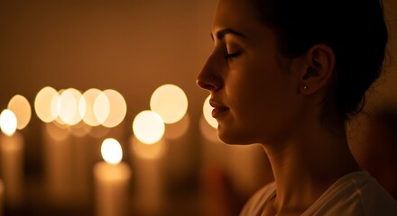 Calm woman meditating with eyes closed surrounded by soft, warm candlelight, creating a peaceful and serene atmosphere for reflection and mindfulness