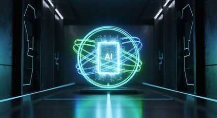 Futuristic glowing AI chip at the center of a dark, modern technological corridor with swirling neon energy circuits.