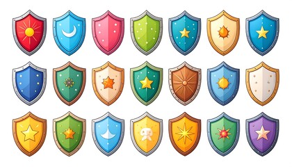 Set of Various Cartoon Shields with Star, Moon and Sun Motifs on White