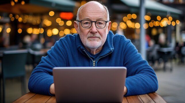 Thoughtful elderly man using laptop at café table with blurred background