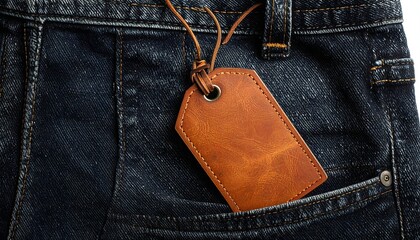 there is a leather tag hanging from a pair of jeans