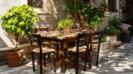 Obraz premium Casual outdoor dining spot with rustic wooden chairs around a stone table dappled sunlight creating warm patterns accented by charming potted greenery on a patio.