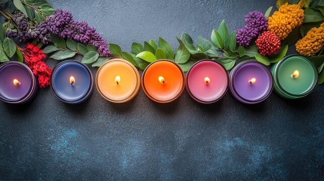 Aromatic candles with soothing lights and vibrant colors arranged with fresh flowers