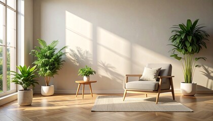 Generated imageCozy Scandinavian chair with plants near wall in bright natural light interior design