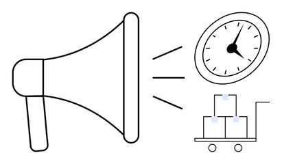 Megaphone projecting sound waves towards wall clock and wheeled pallet with boxes. Ideal for time management, logistics, delivery services, communication, efficiency, urgency, simple flat metaphor