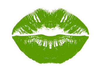 Green lipstick kiss mark on white background