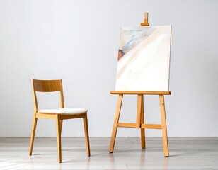 Wooden chair and easel with abstract painting