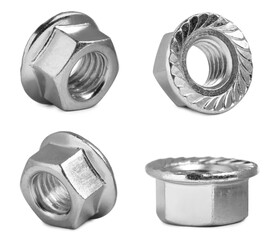 Metal flange nuts isolated on white, set