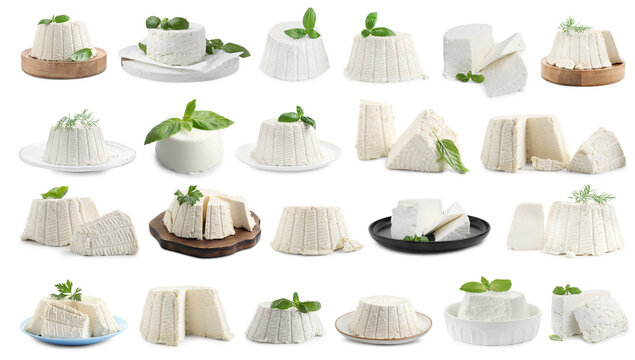 Delicious ricotta cheese isolated on white, collage