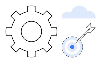 Large gear beside a dart hitting a bullseye and a small cloud accent. Ideal for teamwork, strategy, innovation, optimization, success, productivity, focus. Clean and simple flat metaphor