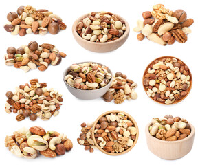 Mix of different nuts isolated on white, set