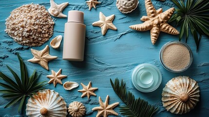 Coastal beauty: A serene scene of skincare and seaside elements on a blue backdrop