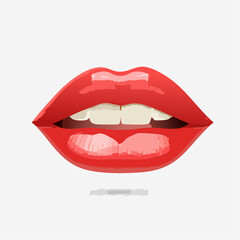 Joie bouche de femme en gros plan, l&egrave;vres rouges, fond blanc, isol&eacute;, f&eacute;minit&eacute;, sensualit&eacute;