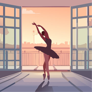 Sublime silhouette d'une danseuse classique en tutu, clair-obscur, gr&acirc;ce, f&eacute;minit&eacute;, &eacute;l&eacute;gance, beaut&eacute;, ombres et reflets, int&eacute;rieur vue sur l'ext&eacute;rieur
